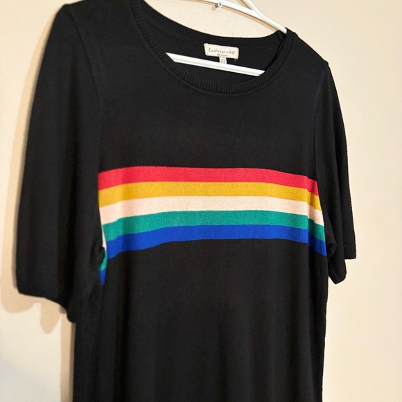 Black Short Sleeve Knit T-Shirt Sweater w Rainbow Stripes - Picture 3 of 12